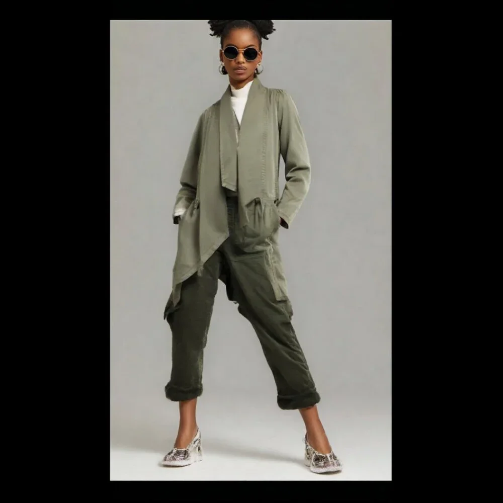 Max Jeans Vetiver Khaki Olive Green Long Drape Front Collar Boho  Jacket…